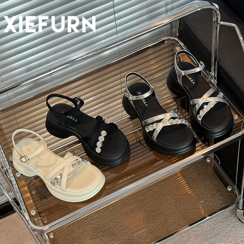 XIEFURN/鞋夫人2024夏季新款时尚百搭厚底仙女风一字带沙滩凉鞋女