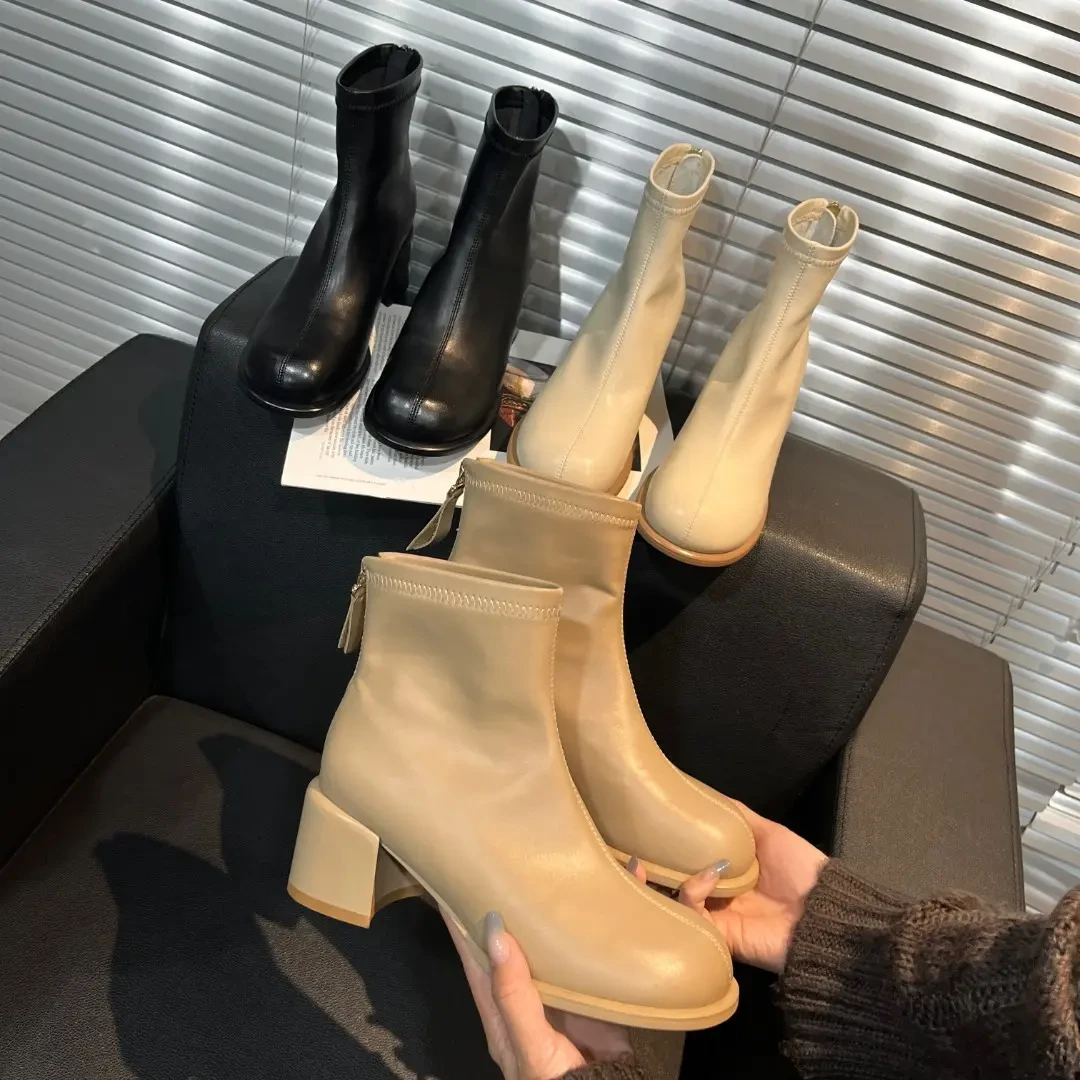 XIEFURN/鞋夫人秋冬粗跟短靴百搭气质女人圆头58051瘦瘦靴短靴