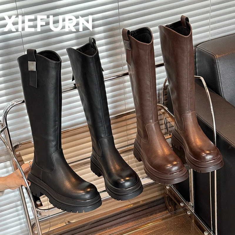 XIEFURN/鞋夫人棕色复古风厚底长筒靴女秋冬新款不过膝高筒骑士靴