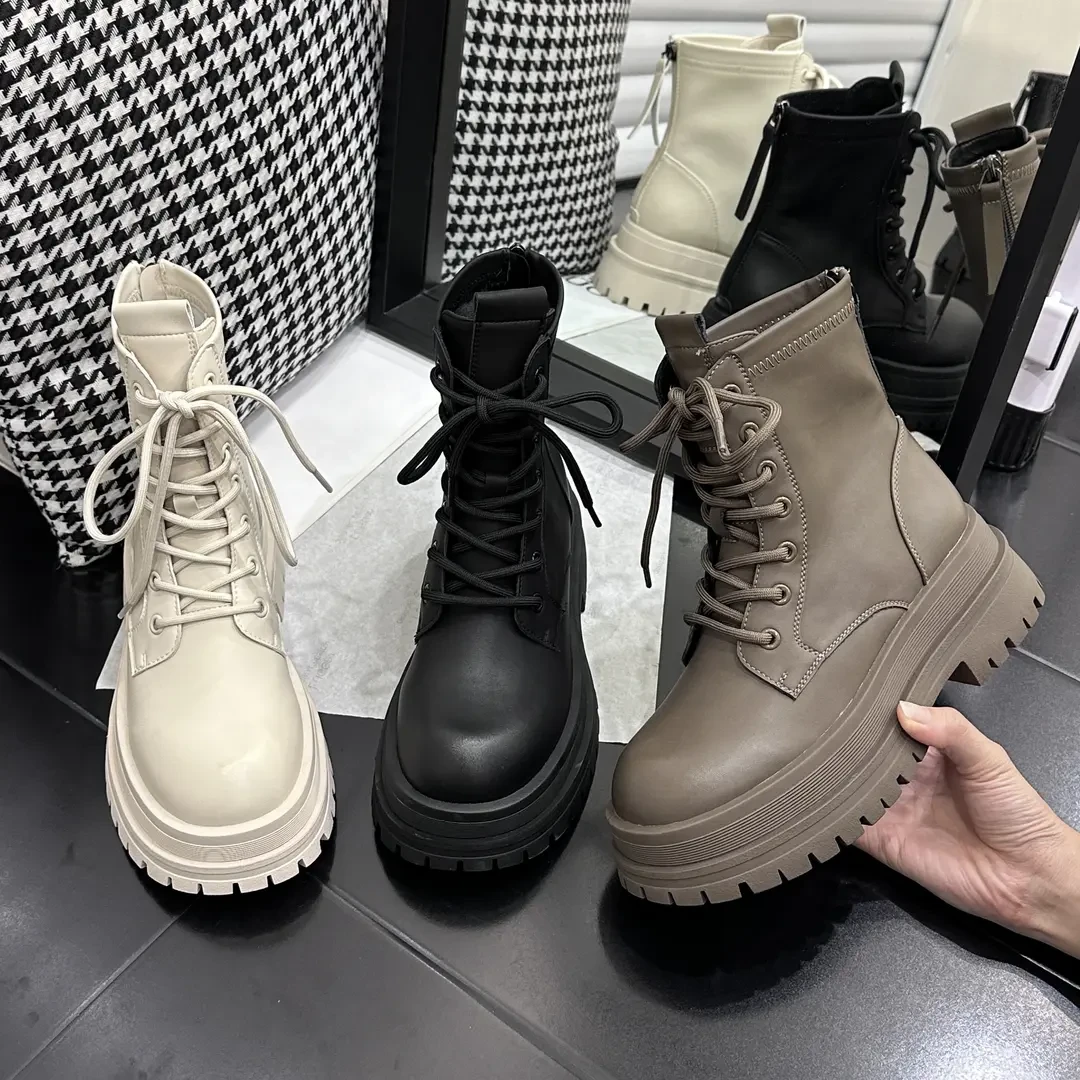 XIEFURN/鞋夫人百搭厚底系带马丁靴女2023秋季网红瘦瘦靴ins短靴