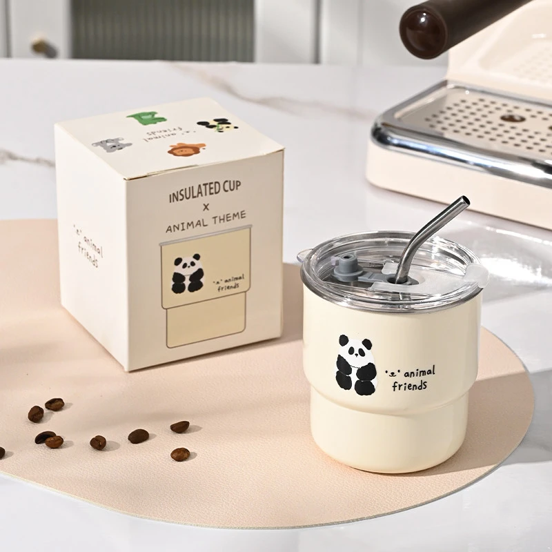 新款咖啡杯女高颜值双层水杯带吸管不锈钢马克杯带盖防烫保温杯子