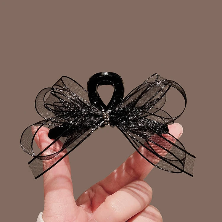 高级感黑色网纱蝴蝶结抓夹小号发抓公主头前额刘海发夹顶夹鲨鱼夹