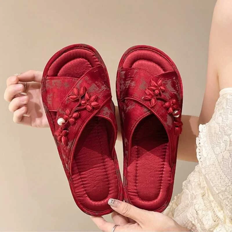 新中式立体花朵红色新娘结婚拖鞋高端酒店居家室内防滑家用凉拖鞋