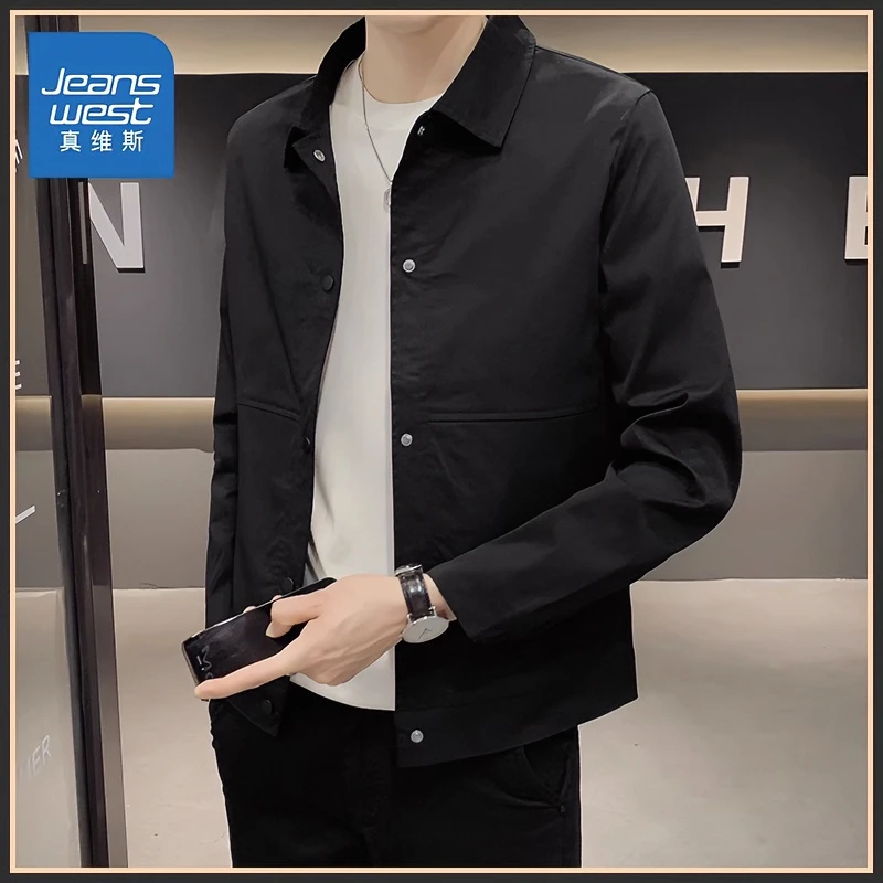 真维斯男士夹克2023新款春秋休闲翻领上衣秋季高级感运动黑色外套