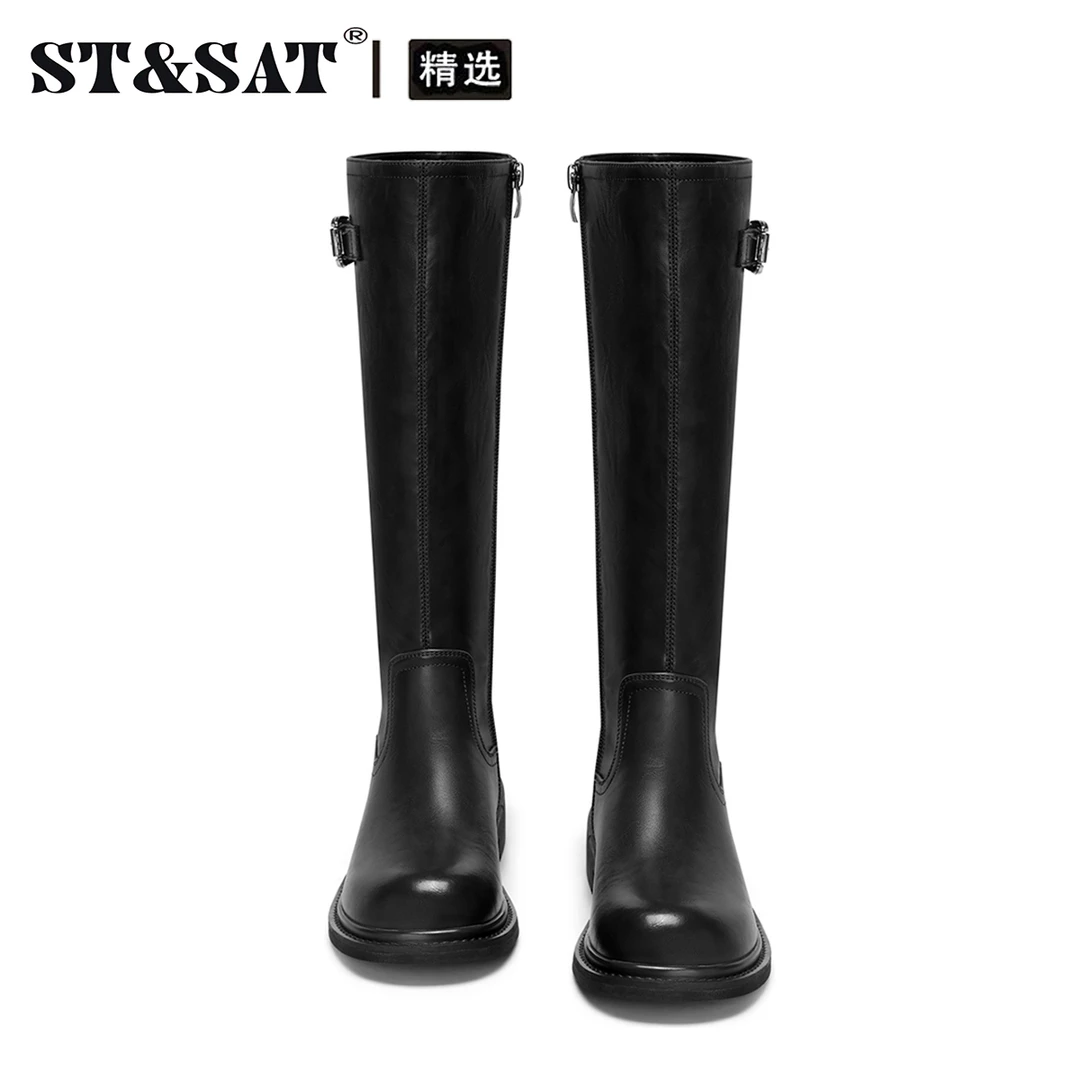 星期六新款休闲复古厚底骑士靴女冬季新款显瘦粗跟高筒靴女长筒靴