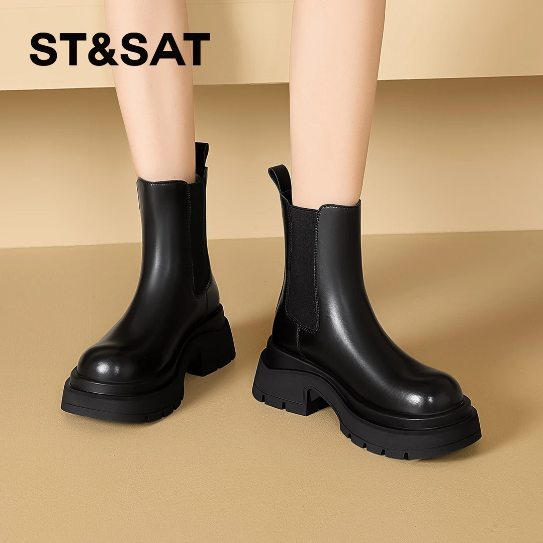 星期六英伦风烟筒靴女2025冬季新款厚底粗跟小个子增高切尔西靴女