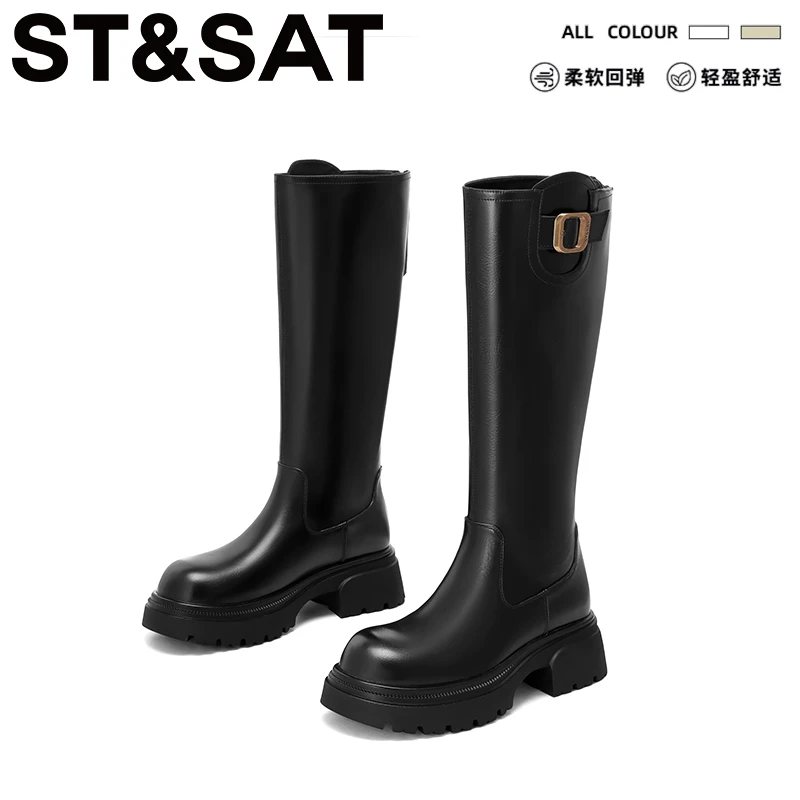 星期六巨显腿长圆头高筒骑士靴女2025冬季新款复古棕色粗跟长筒靴