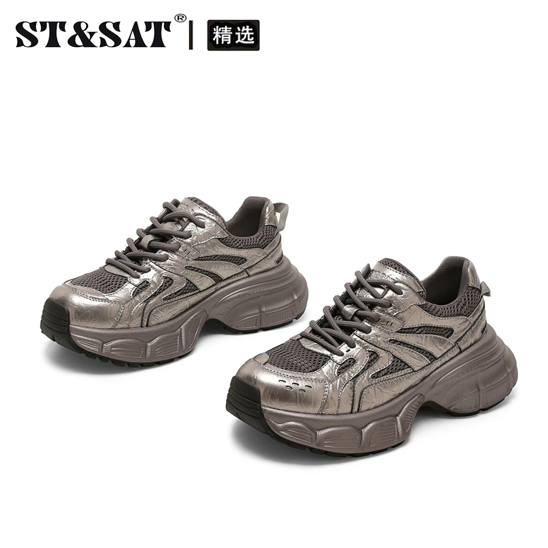 星期六真皮老爹鞋女2025冬季新款时尚百搭厚底增高透气运动休闲鞋