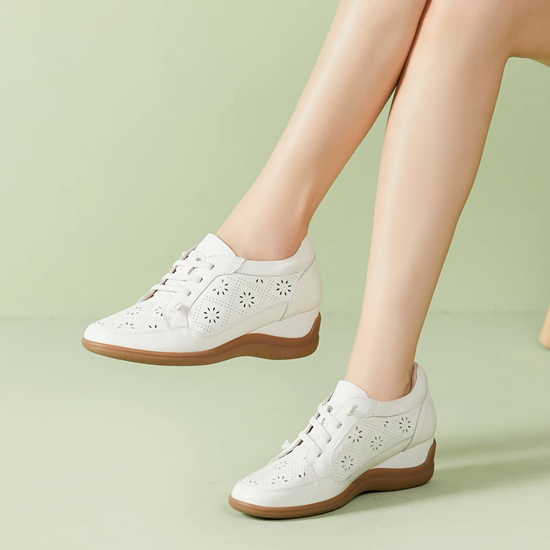 OBONCHI/欧邦驰2025新款单鞋软底软面舒适跳舞真皮鞋坡跟镂空女鞋