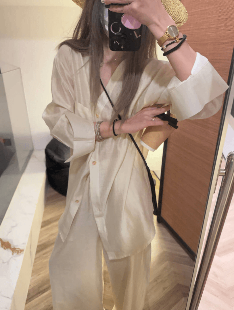 法式松弛感长袖单排扣v领衬衫+宽松阔腿裤两件套套装女夏2024新款