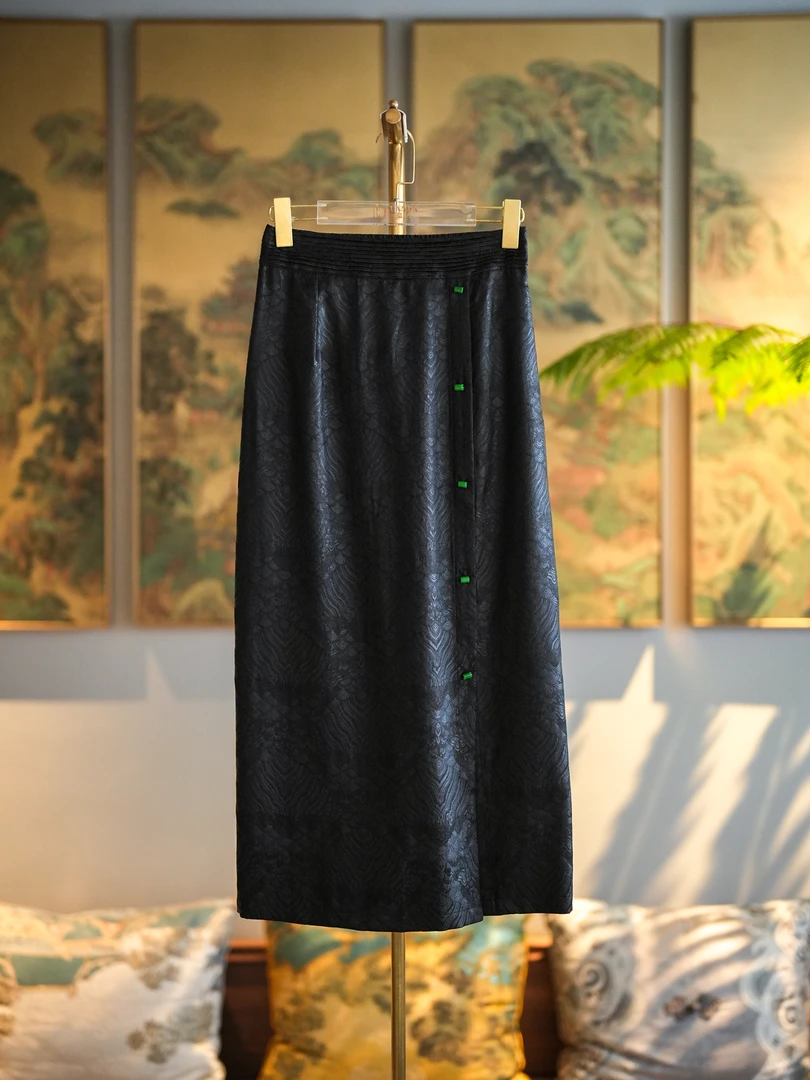 蓝大【夜歌】香云纱半裙黑色提花开叉气质女士中式9071休闲半身裙