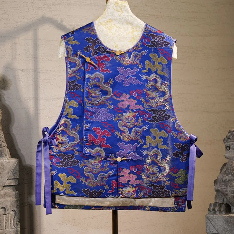 蓝大【暮雨】复古桑蚕丝马甲两面网红印花无袖女士民族风9964