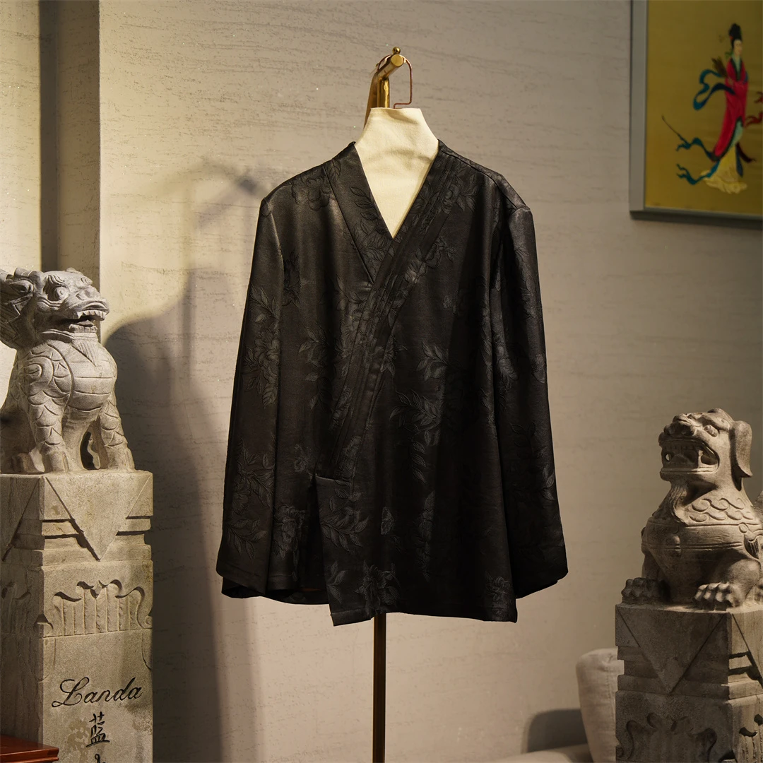 蓝大【安生】桑蚕丝中国风上衣提花长袖双面网红立领斜襟黑色9924