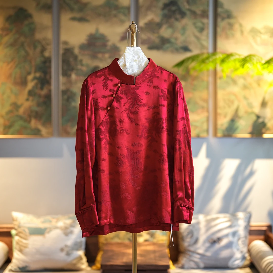 蓝大【衔蝉】桑蚕丝网红提花双面女士圆领新中式春季衬衫上衣9729