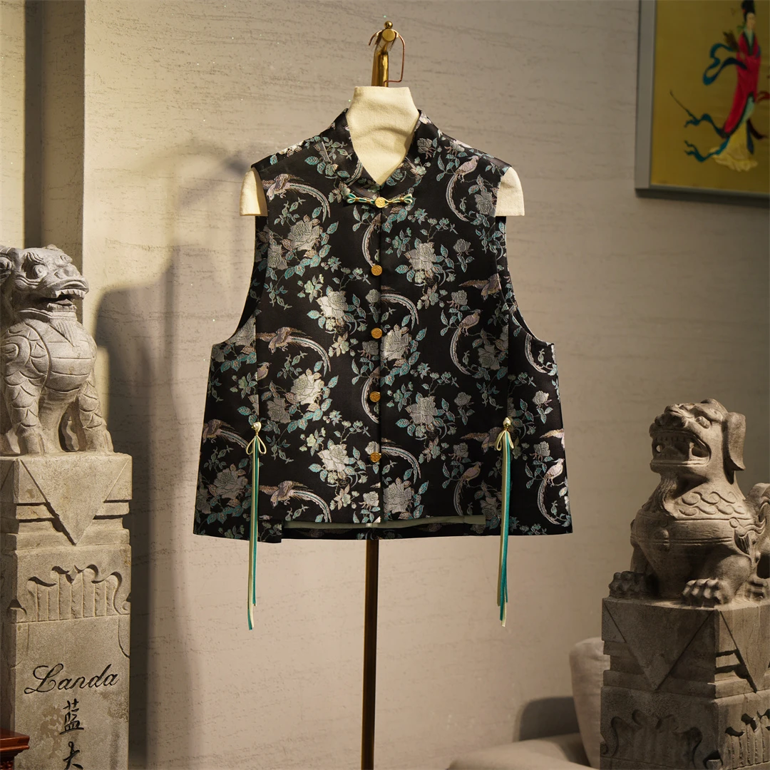 蓝大【巷陌】桑蚕丝网红马甲提花双面女士中式无袖立领花色9906