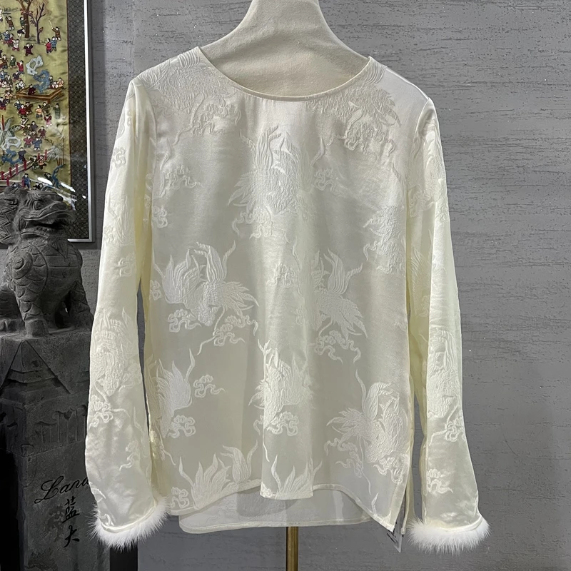 蓝大【简心】桑蚕丝冠乐绉中式长袖上衣气质蕾丝打底套头白色F9400