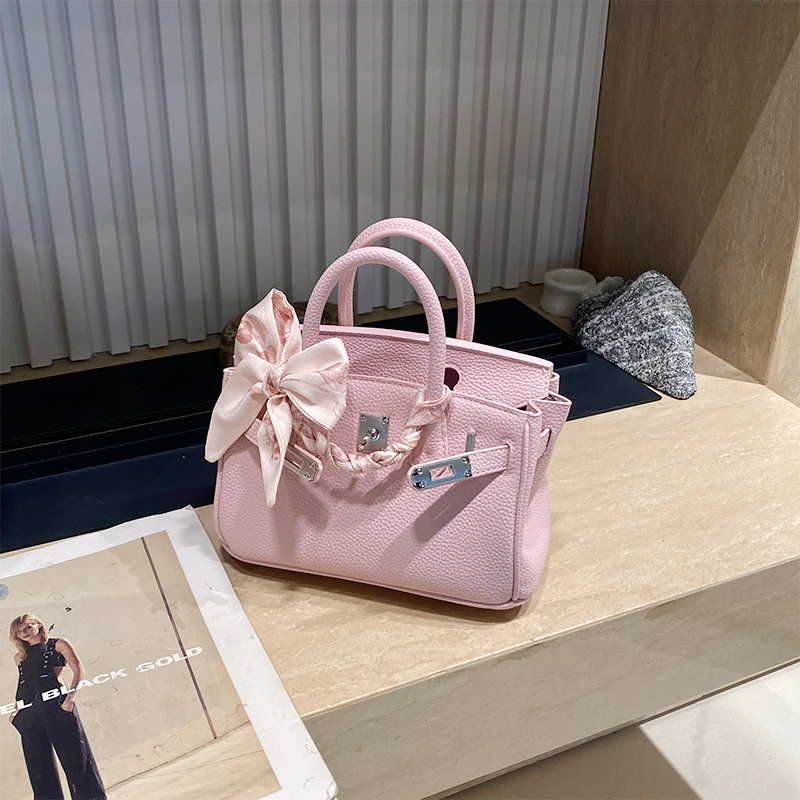 经典铂金包迷你手提包小包包女2025新款夏季斜挎包荔枝纹女包银扣