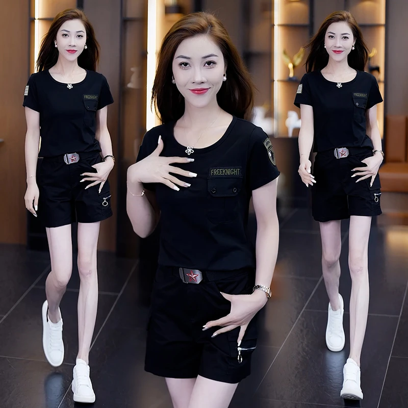 工装套装女短袖圆领T恤短裤洋气减龄修身显瘦迷彩服套装夏季新款