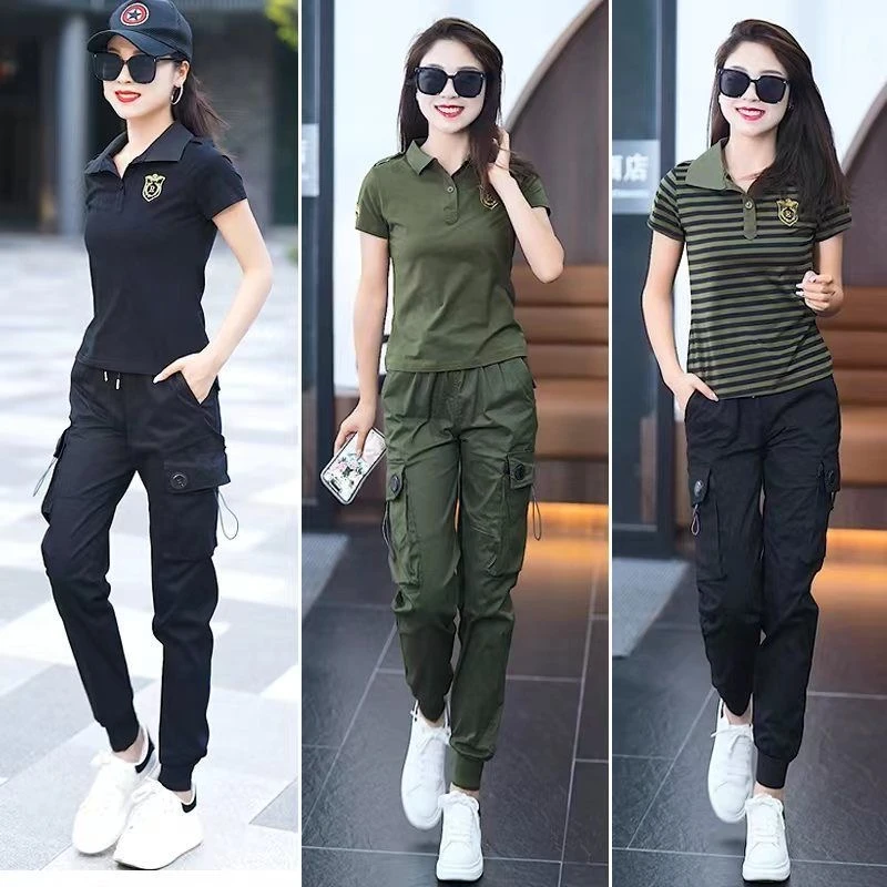 夏季新款时尚休闲短袖T恤工装长裤两件套大码显瘦军绿套装女迷彩
