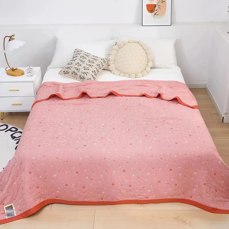 【浪漫樱花红格子床盖被子盖毯】200*230纯棉多功能绗缝纱布床盖