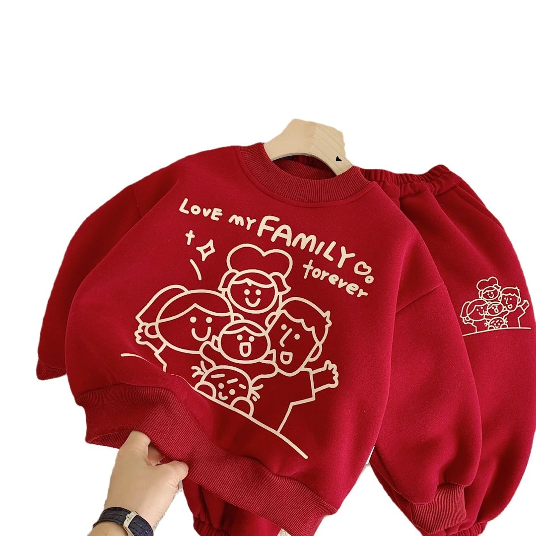 巴拉巴拉男孩女孩儿童加厚加绒卫衣套装男女童红色喜庆新年服小童