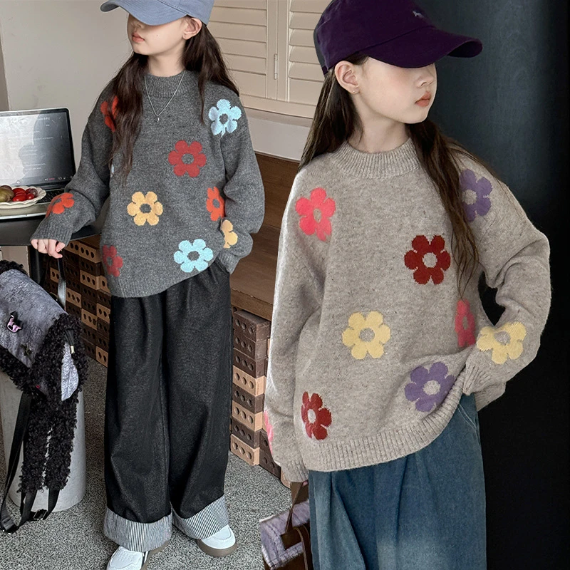 巴拉巴拉女童毛衣秋冬款2024新款洋气中大童冬季圆领花朵毛衣针织