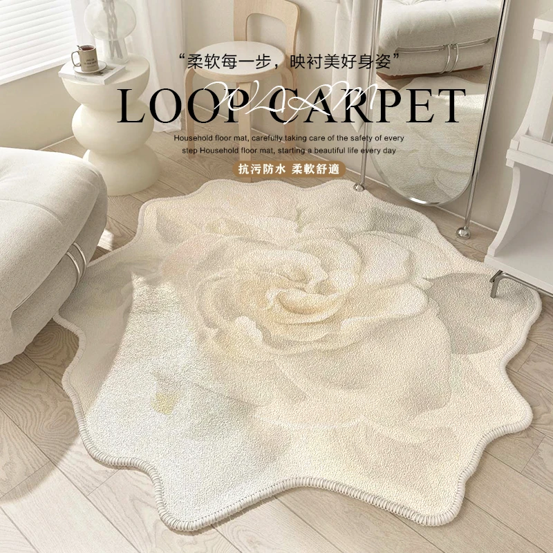 网红白色花朵镜前地毯好打理防水衣橱地垫可擦免洗高级卧室床边毯