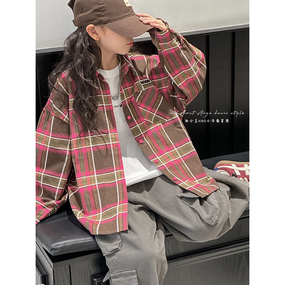 K24520加厚磨毛衬衣外套韩国童装女童衬衫加绒加厚上衣格子秋冬款