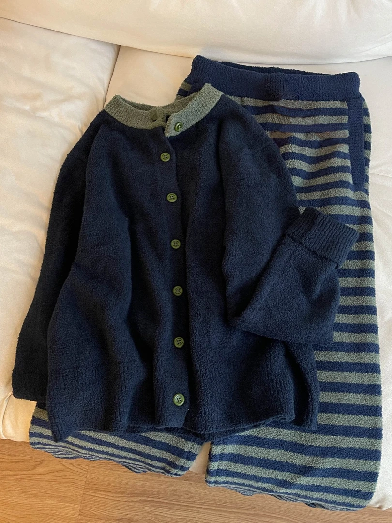 【撞色条纹】设计感开衫半边绒睡衣女套装秋冬新款外穿保暖家居服女