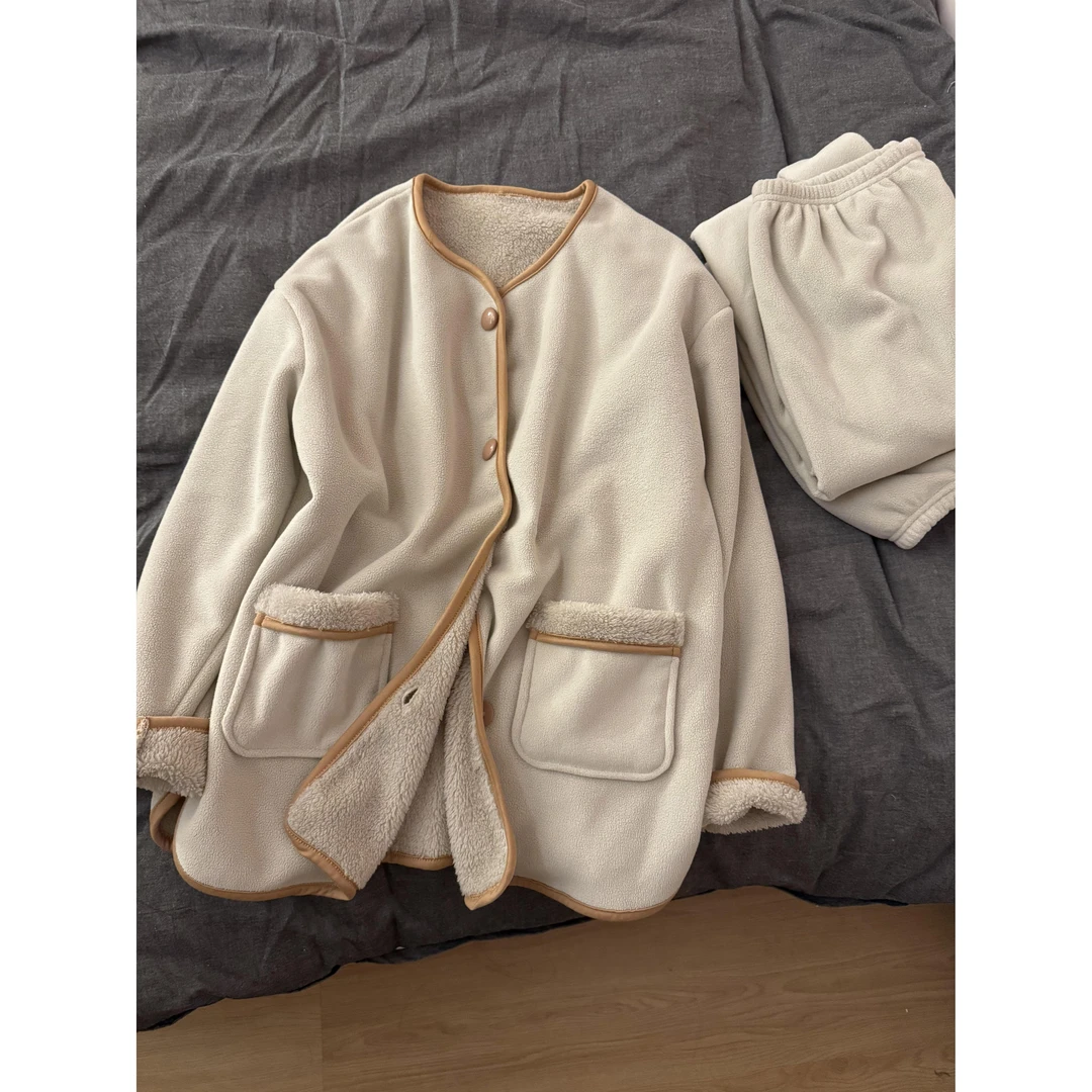 【简约纯色】珊瑚绒睡衣女冬款新款长袖长裤加绒保暖家居服套装