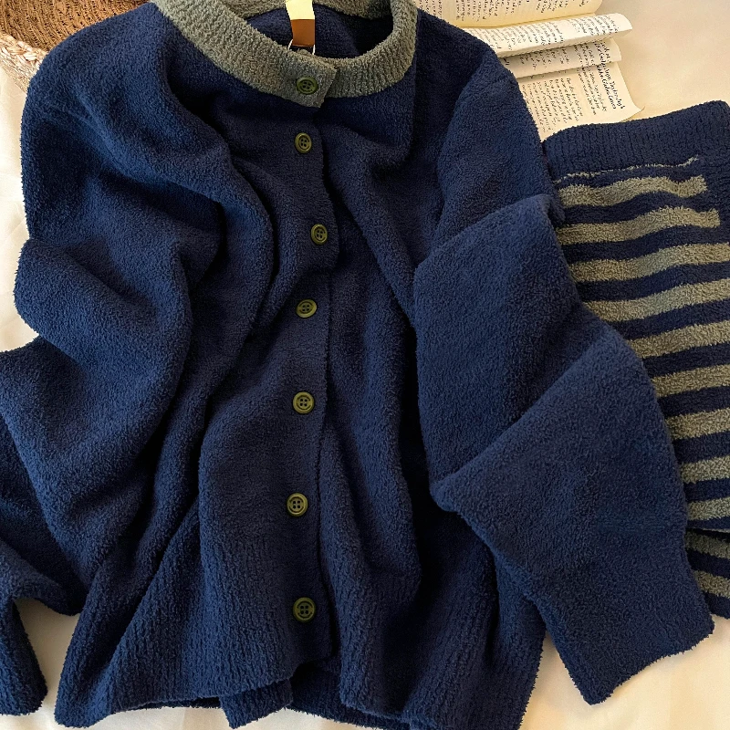 【撞色半边绒】韩版简约睡衣高级感精致冬季女款针织加厚家居服套装