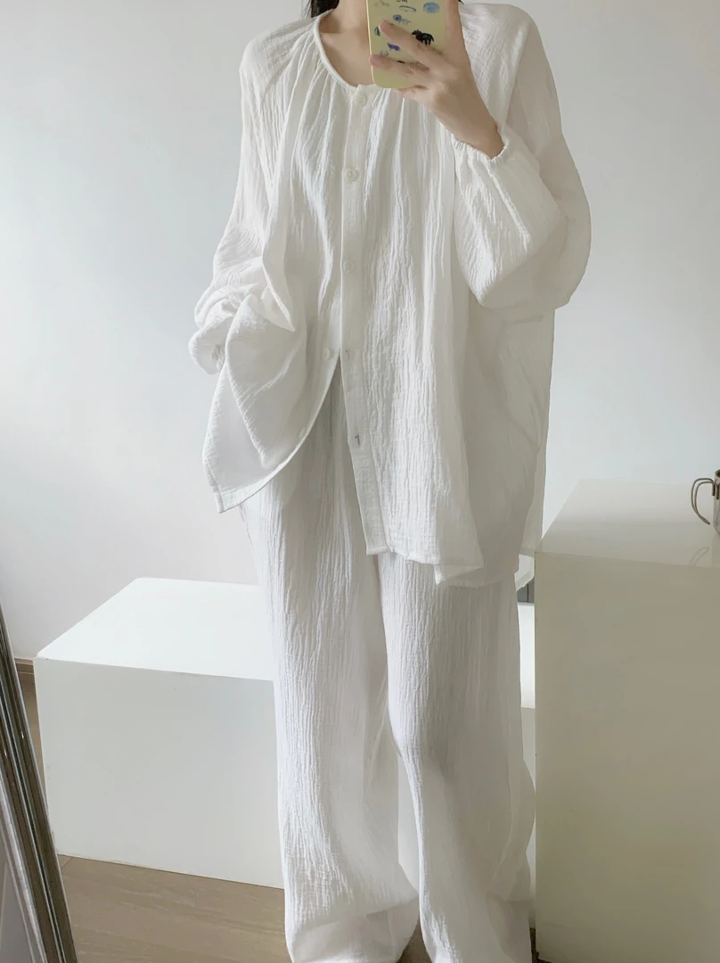 【双层棉纱】韩版休闲白色纯棉睡衣女套装初秋季新款长袖长裤家居服