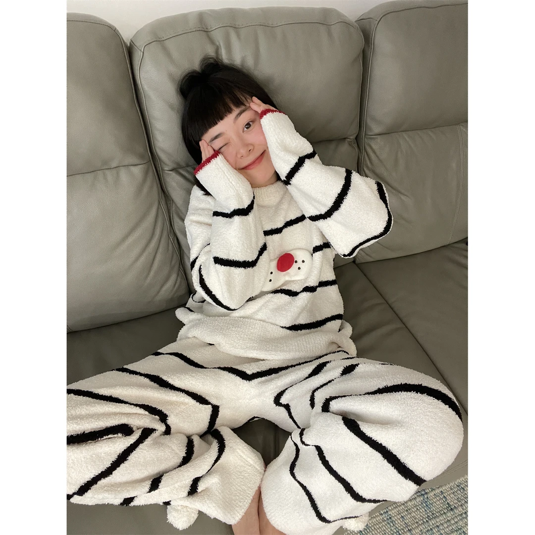 【酷猫条纹】毛绒搞怪卡通半边绒睡衣女套装冬季新款加厚家居服