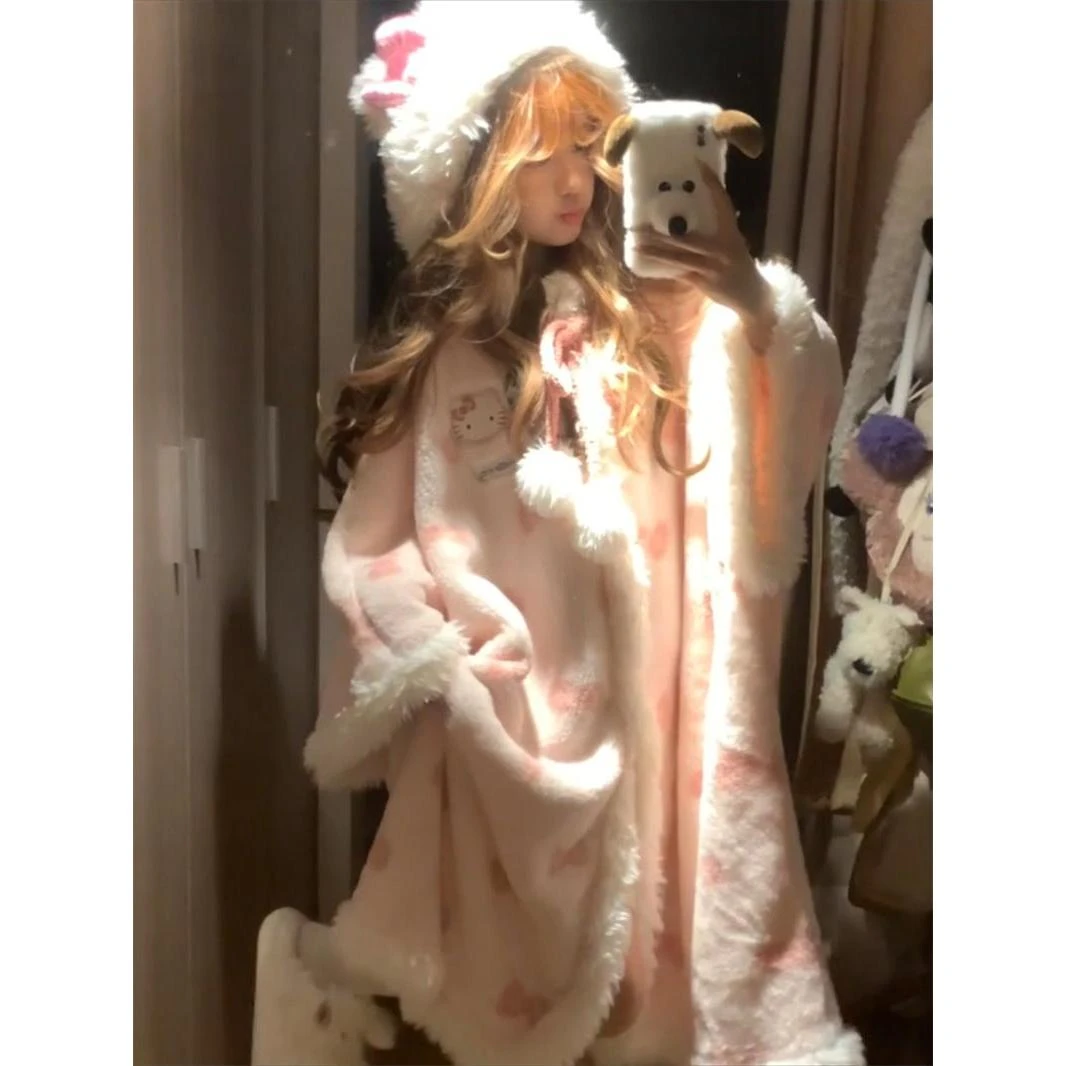 【毛茸茸kitty】连帽睡袍可爱珊瑚绒睡衣女冬季新款睡裙加厚家居服