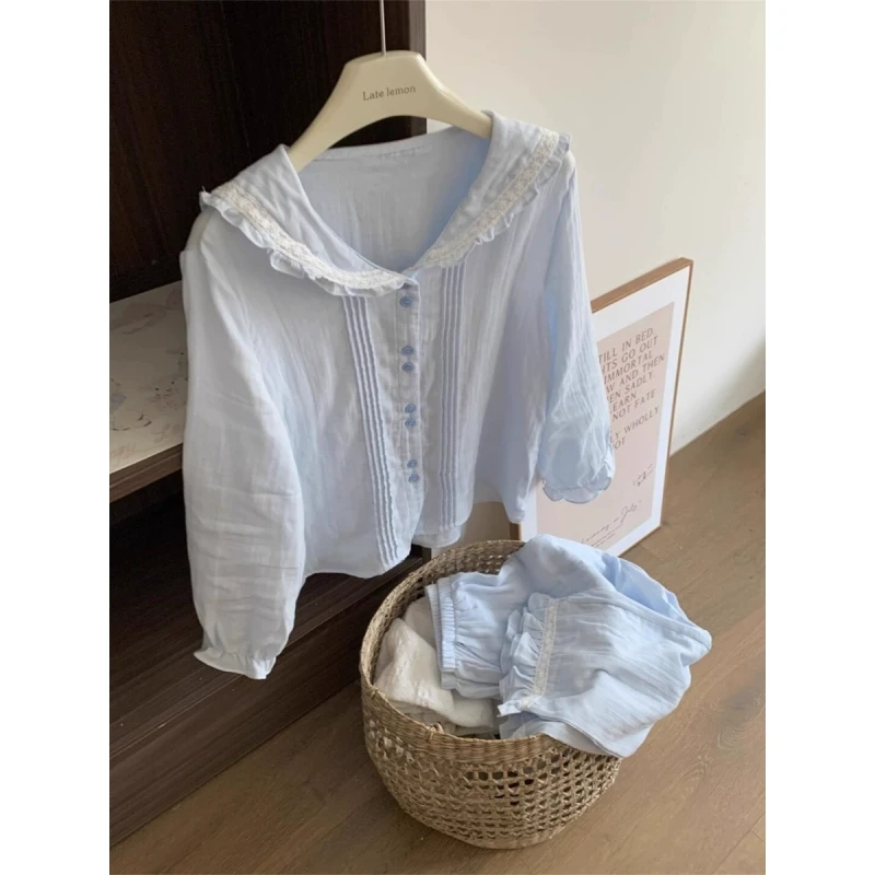 【甜美baby蓝】少女双层纱花边长袖睡衣女秋季2024新款家居服套装