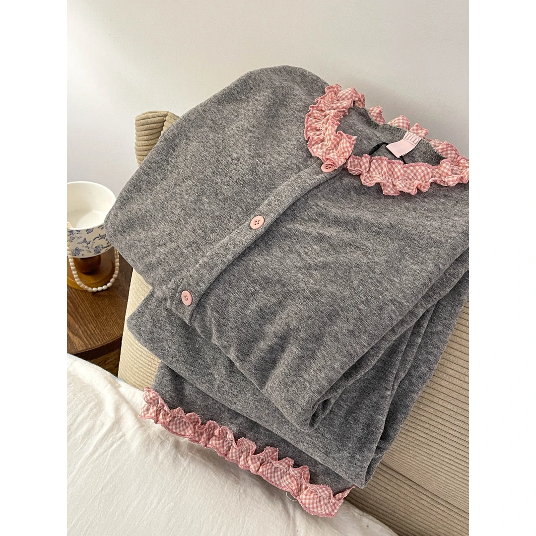 【拼接荷叶边】双面德绒睡衣女秋冬季甜美长袖长裤格子家居服套装