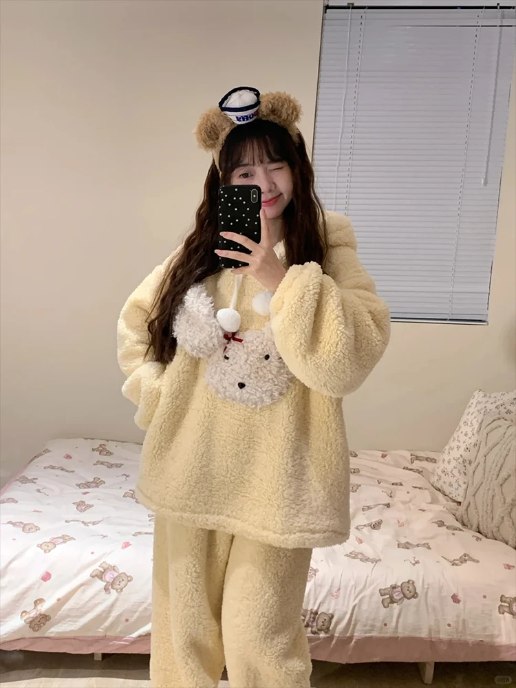 【软糯白兔】甜美毛绒珊瑚绒连帽睡衣女冬宽松学生保暖家居服套装