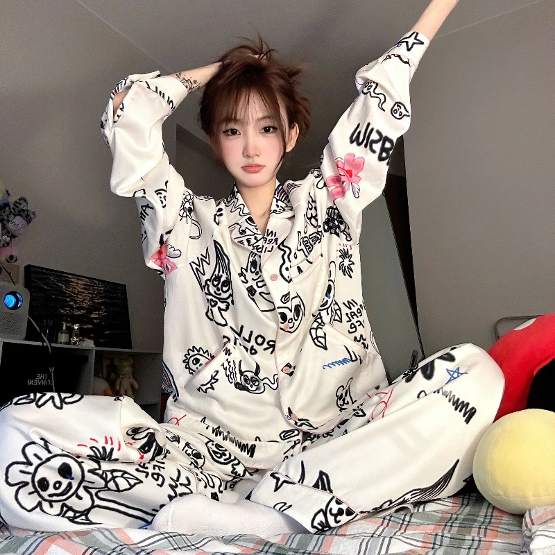 ins风涂鸦印花长袖长裤睡衣女套装夏季薄款大码可外穿长款家居服