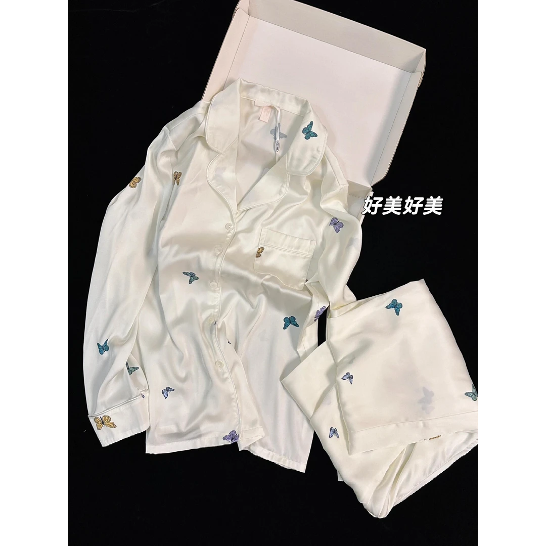 简约甜美蝴蝶印花凉感冰丝睡衣女套装春秋季长袖长裤可外出家居服