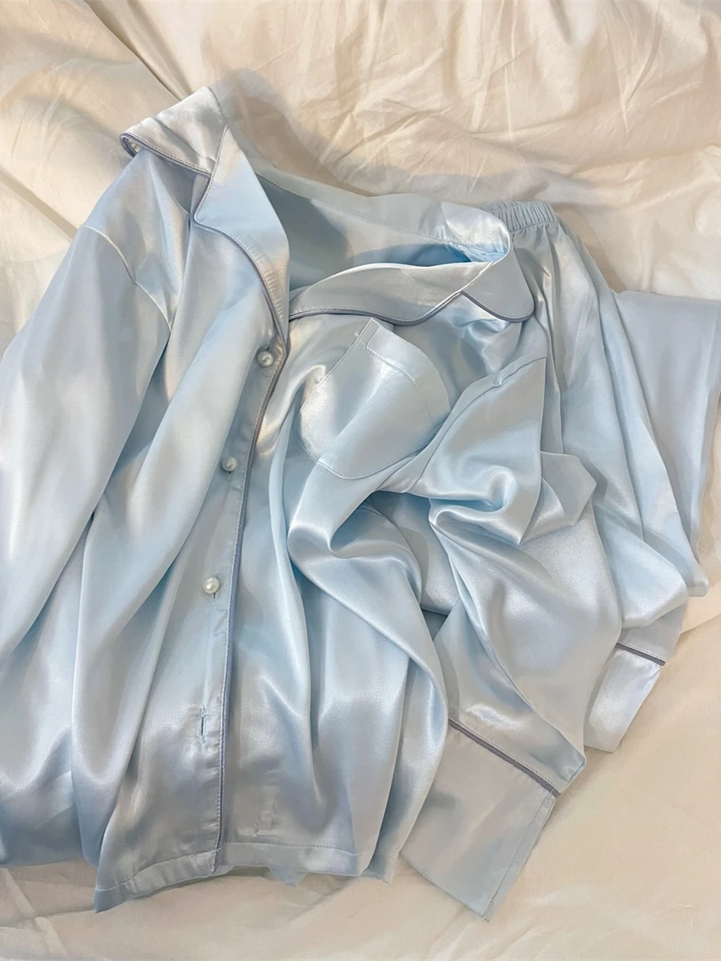【珍珠纽扣】法式气质蓝色冰丝睡衣女套装春秋季薄款舒适休闲家居服