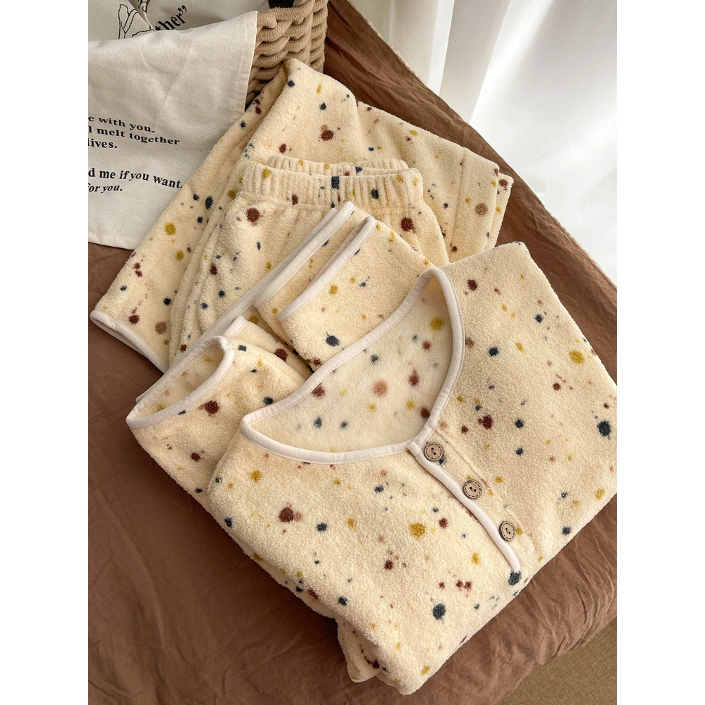 【软糯糯彩点】印花法兰绒睡衣女秋冬新款加绒保暖内搭家居服套装