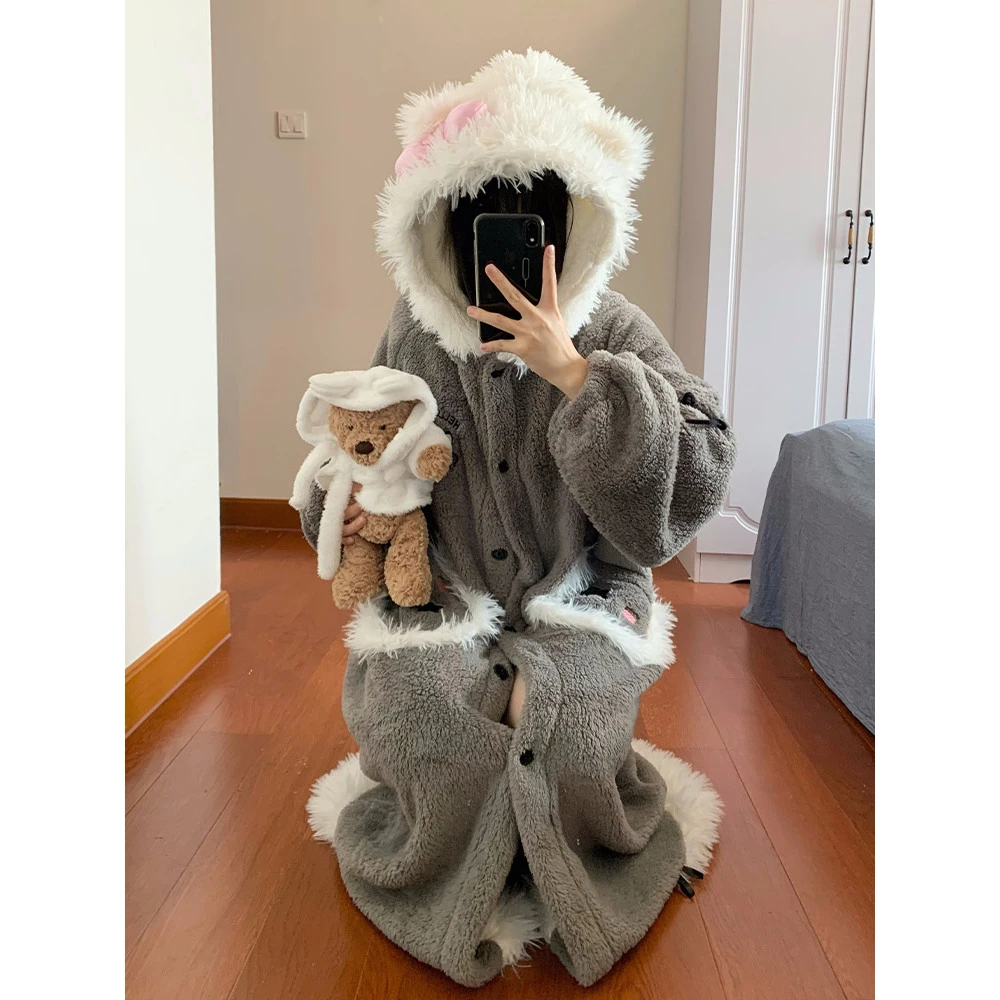 【毛绒kitty猫】珊瑚绒连帽斗篷睡衣女秋冬加厚家居服长款睡袍冬