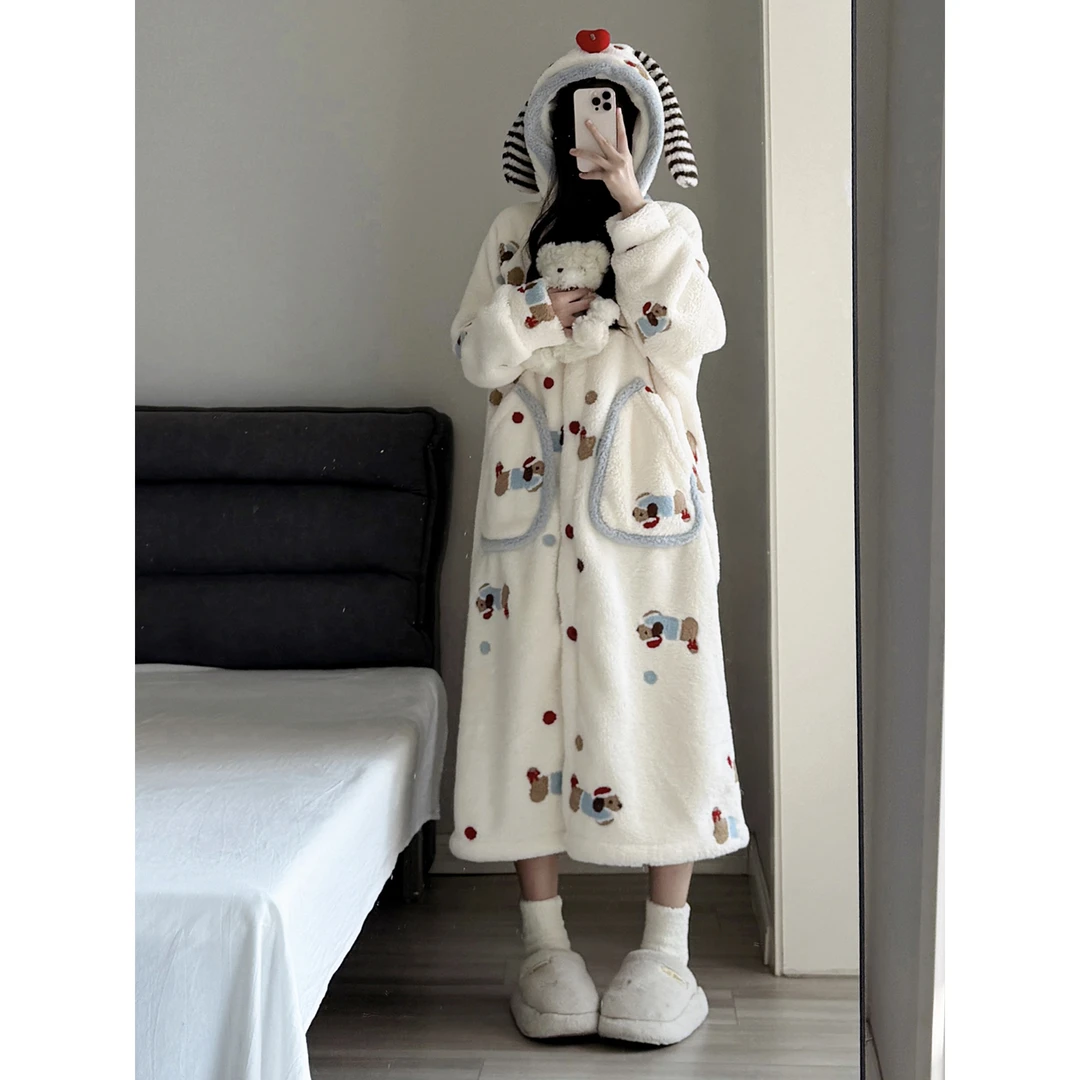 【连帽腊肠狗】珊瑚绒睡衣女冬季新款加绒加厚睡袍毛绒家居服睡裙