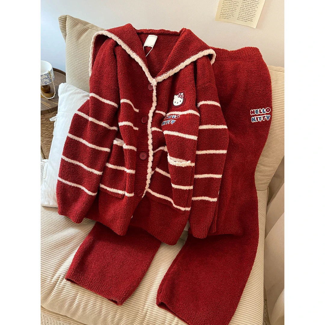 【新年红kitty猫】半边绒睡衣女冬加绒海军领甜美圣诞家居服套装