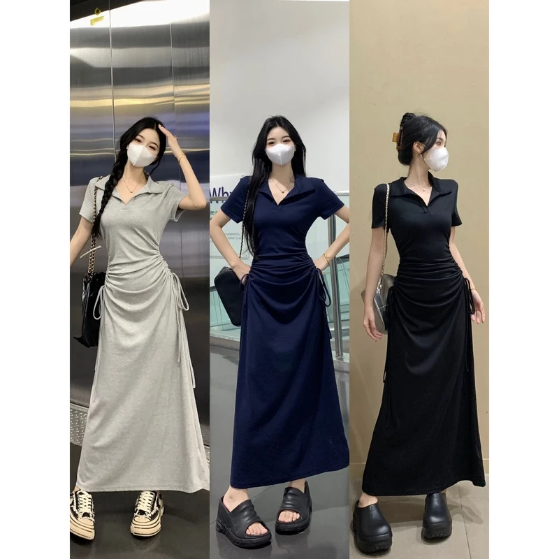 大码女装胖mm2025夏季新款方领抽绳设计感收腰显瘦A字长裙连衣裙