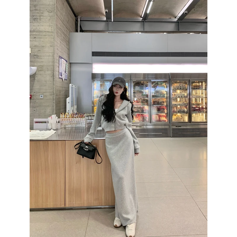 韩版慵懒通勤连帽拉链长袖卫衣女秋季纯色百搭a字显瘦半身裙套装