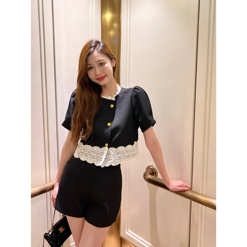 小香风套装女短袖2025夏季新款显瘦蕾丝拼接西装上衣+短裤子件套