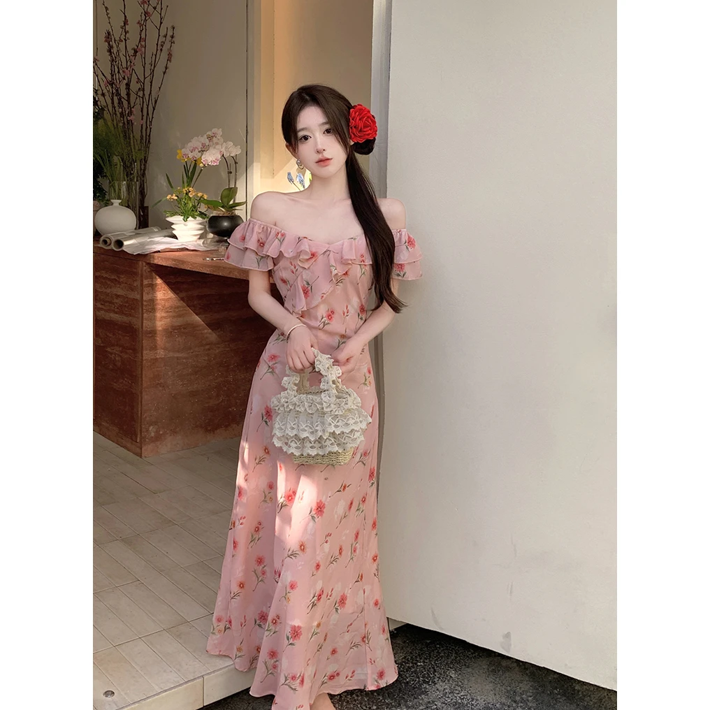 大码女装法式温柔风高级感独特甜美碎花荷叶边气质连衣裙雪纺长裙