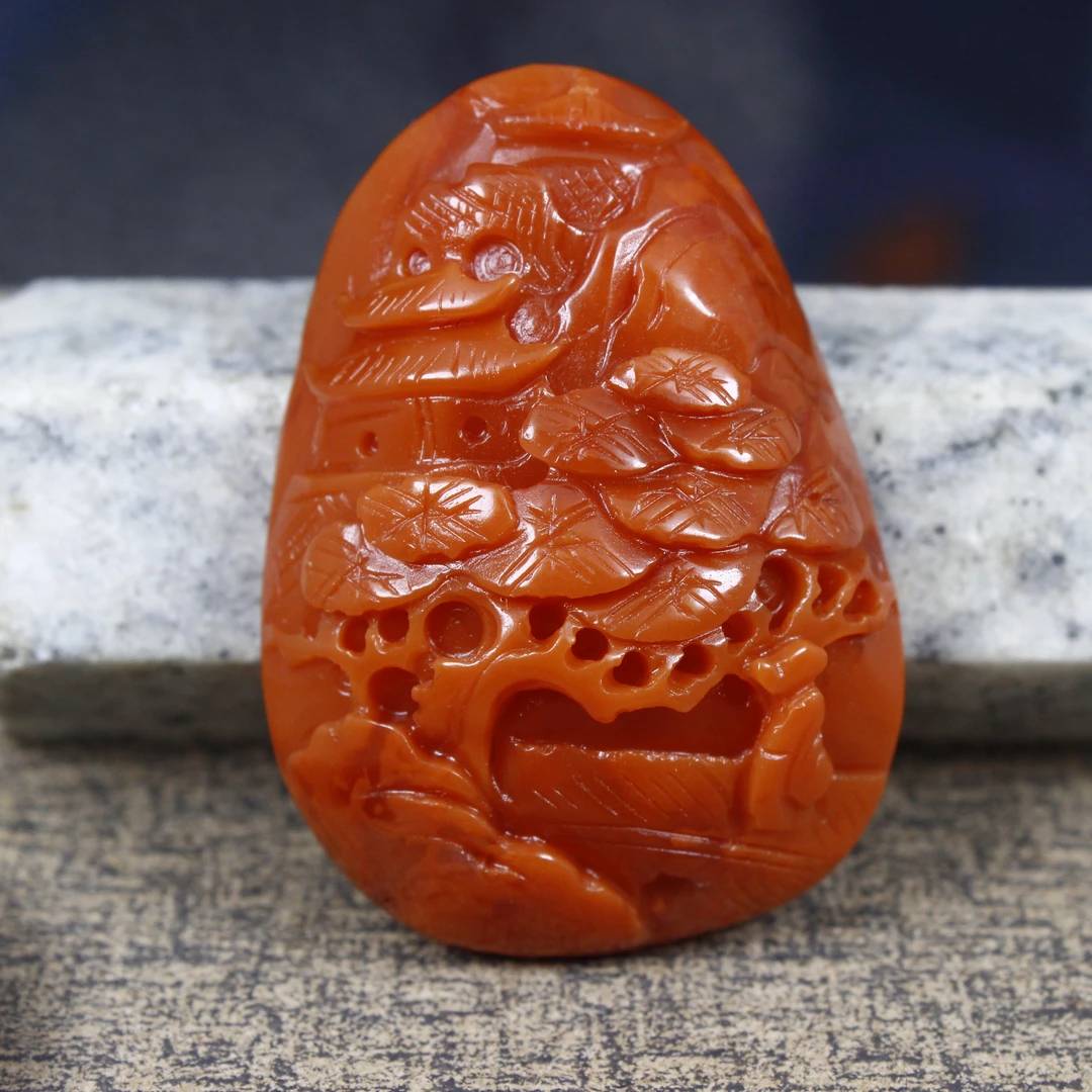 天然宝山南红红白料俏色雕刻山水牌吊坠挂件手把件基地质检发货