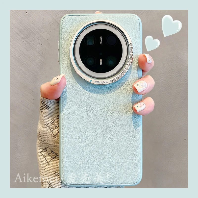 适用华为mate70pro+手机壳素皮纯色mate60pro+金属电镀闪钻镜头圈
